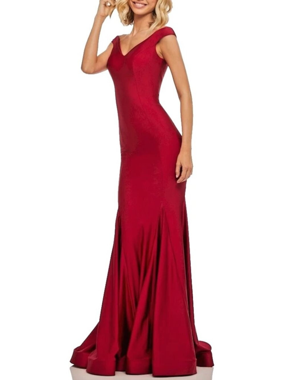 Sherri Hill Red Wine Satin Jersey Off-the-Shoulder Gown